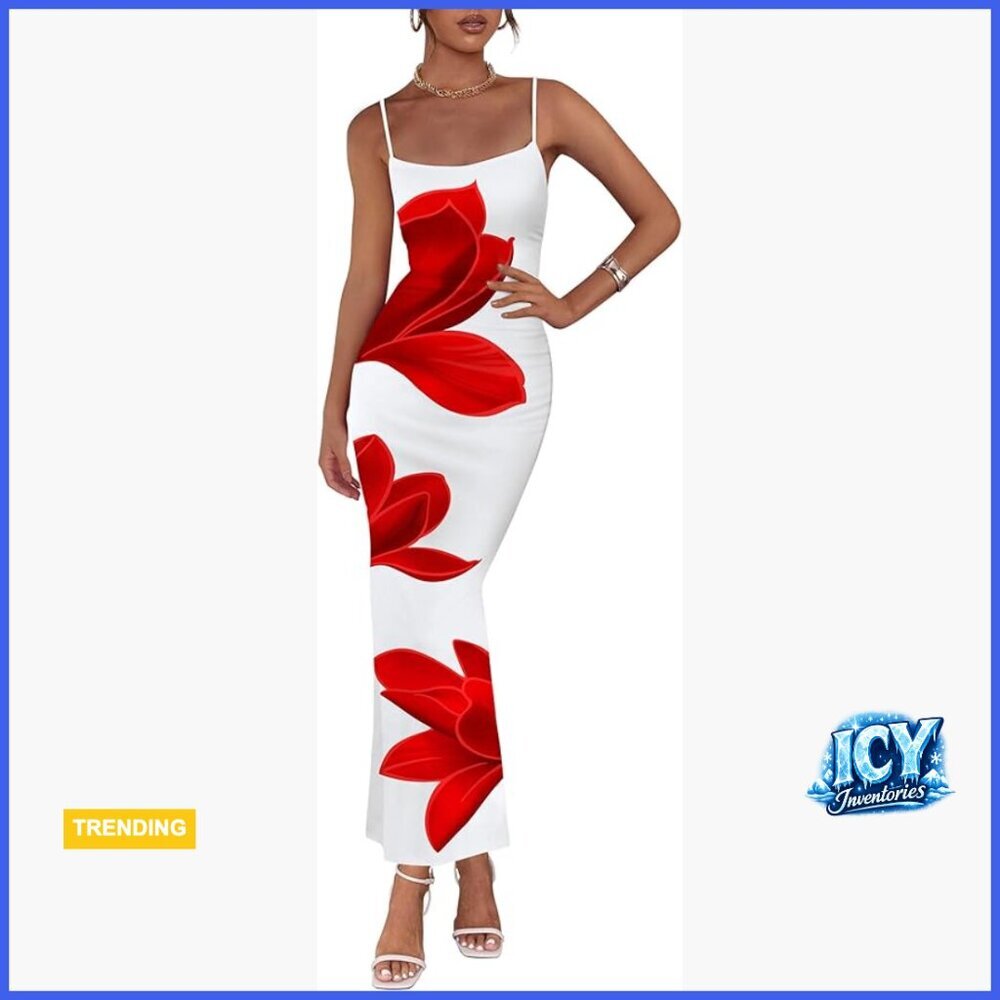 Floral Mesh Slip Dress Spaghetti Strap Bodycon Maxi Backless
